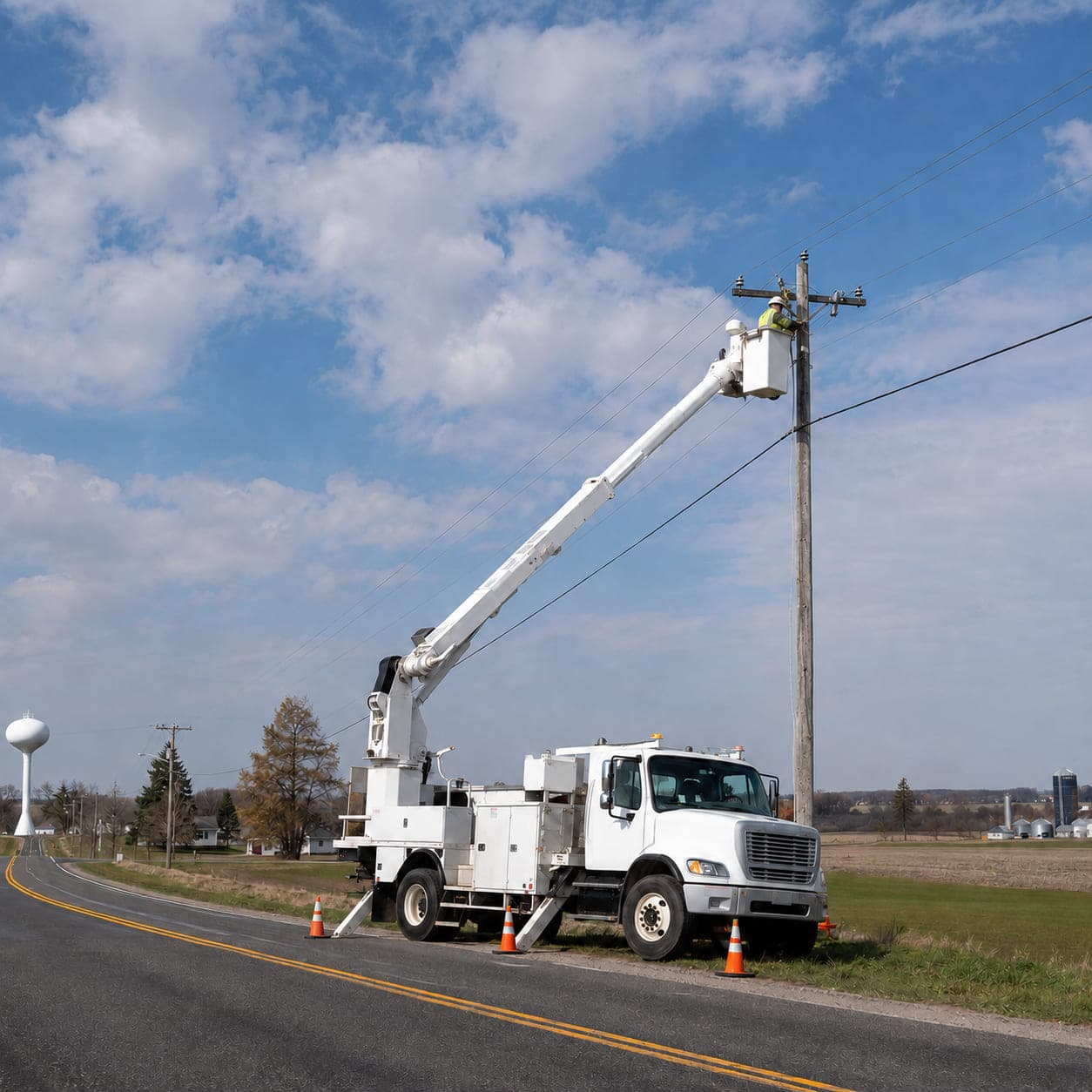 A bucket truck parked on a rural two-lane road with its boom extended to a wood utility pole, a lineman working at the crossarm