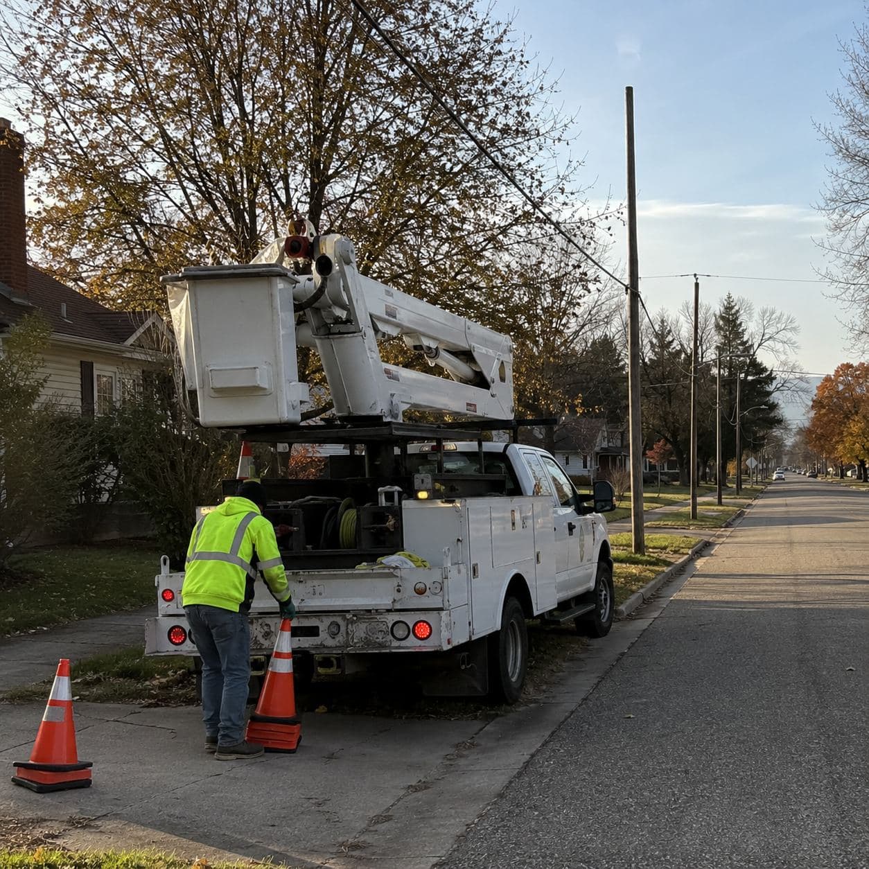 A bucket truck parked along a residential street at the end of an overhead job, boom and bucket lowered onto the rack, a worker in a hi-vis jacket setting out traffic cones at the tailgate, with the pole line and overhead conductors running down the block behind