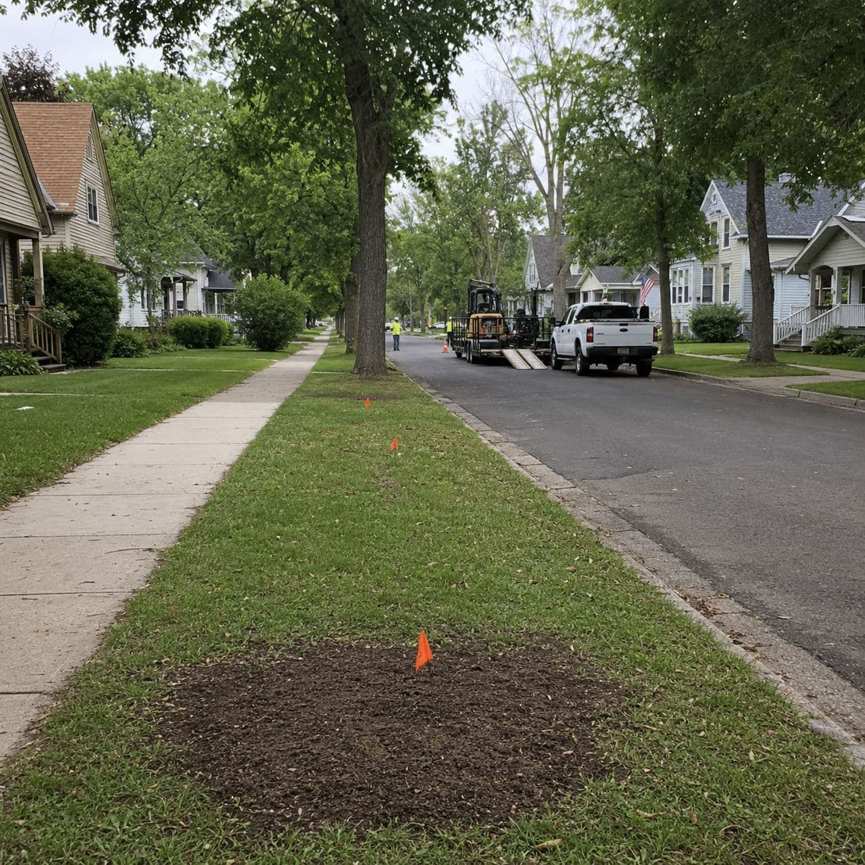 A residential street after underground work is finished: a restored boulevard strip of fresh soil between the sidewalk and the curb, locate flags still standing, and a pickup and equipment trailer staged further down the block