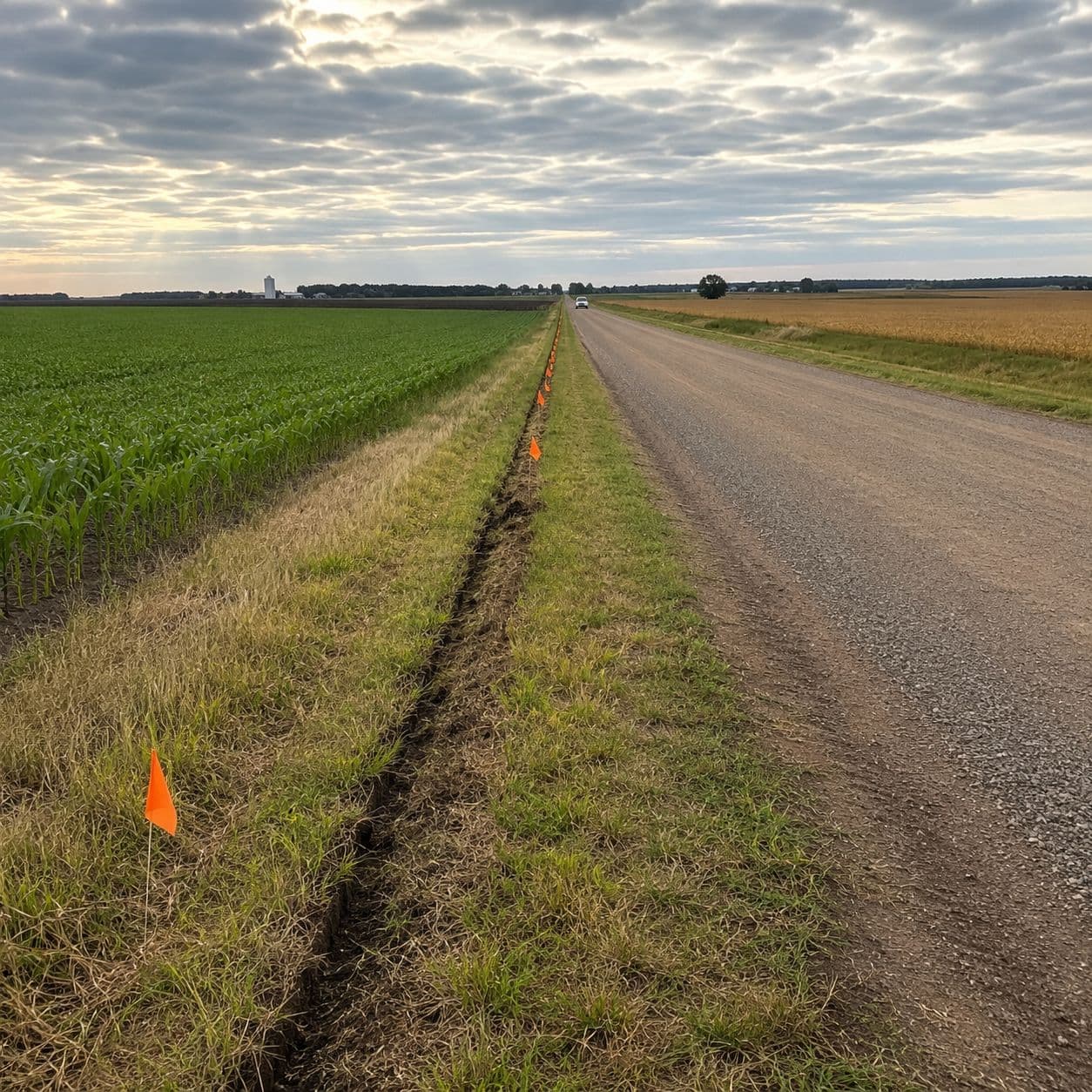 A freshly installed line running dead straight along a gravel county road, the narrow seam of disturbed soil marked by orange locate flags every few yards and receding to the horizon between a green corn field and a ripe wheat field, with a truck small in the distance