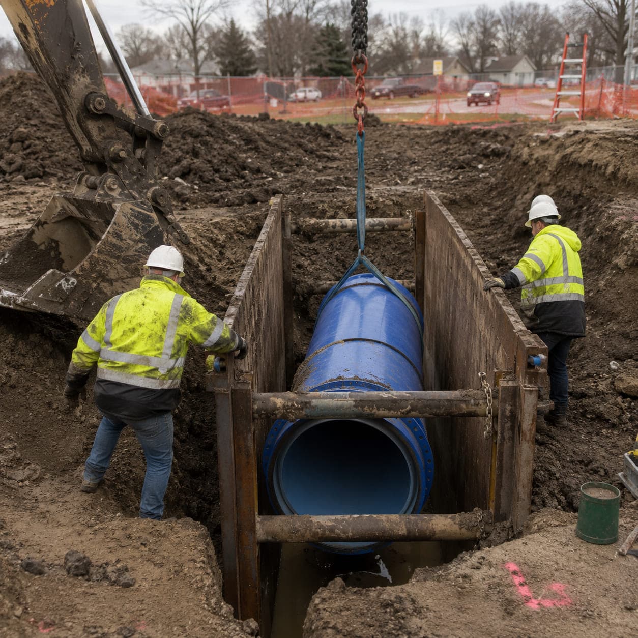 A large-diameter ductile iron watermain pipe being lowered by excavator into a shored trench box while two crew members guide it into place